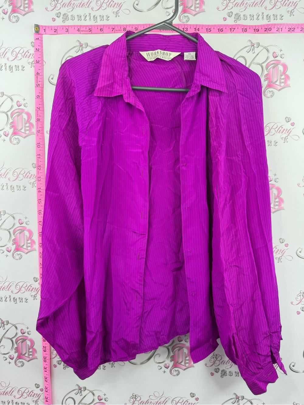 Workshop 100% silk pin stripe purple Bright Fuchsia open front Blouse